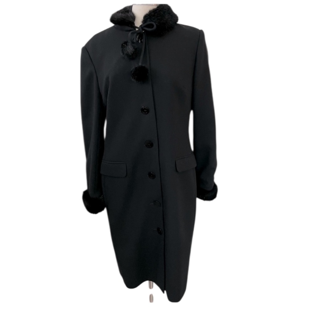 Vintage Saks 5th Ave Teri Jon Lightweight Black Fur Accent Car  Coat 14